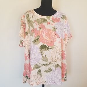 Joie 100% Linen Floral Top Side Buttons Short Sleeve Popover Style 1X